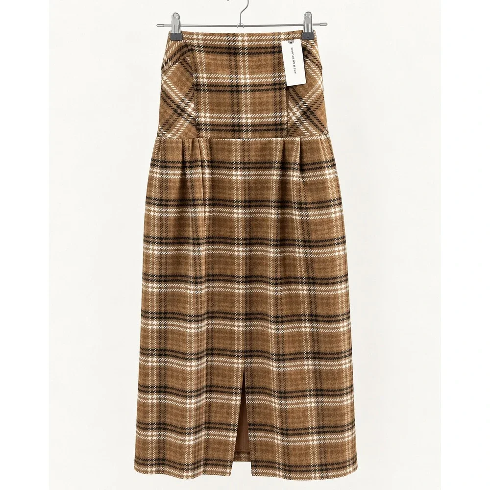 Anthropologie Plaid High Waisted Midi Skirt Brown Ivory Size 4 NWT